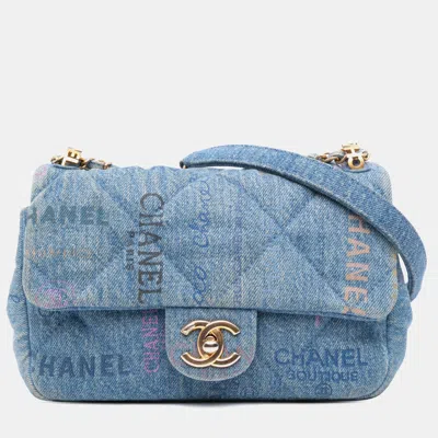 Pre-owned Chanel Blue Mini Rectangular Quilted Denim Mood Flap
