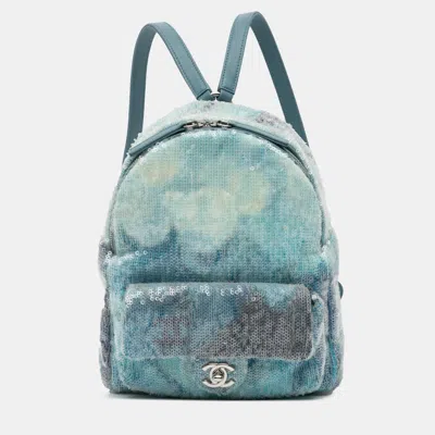 Pre-owned Chanel Blue Mini Sequins And Lambskin Waterfall Backpack