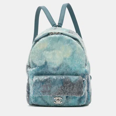Pre-owned Chanel Blue Mini Sequins And Lambskin Waterfall Backpack