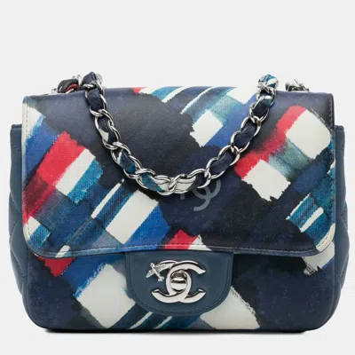 Pre-owned Chanel Blue Mini Square Classic Airlines Printed Lambskin Single Flap