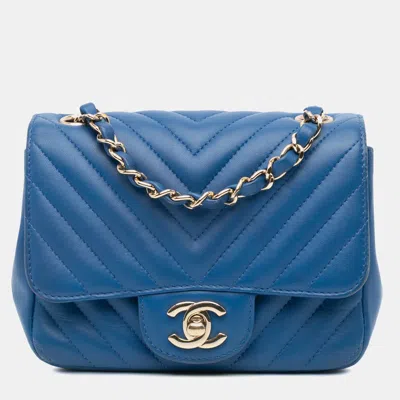 Pre-owned Chanel Blue Mini Square Classic Chevron Lambskin Single Flap