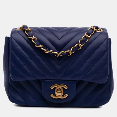 Pre-owned Chanel Blue Mini Square Classic Chevron Lambskin Single Flap