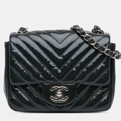Pre-owned Chanel Blue Mini Square Classic Chevron Patent Single Flap