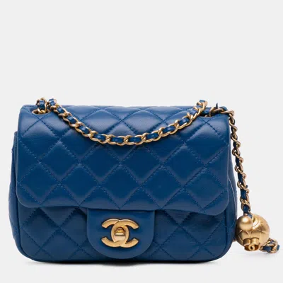 Pre-owned Chanel Blue Mini Square Classic Lambskin Pearl Crush Single Flap