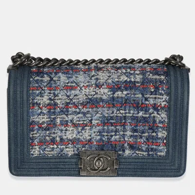 Pre-owned Chanel Blue Multicolor Denim Quilted Tweed Old Medium Boy Bag
