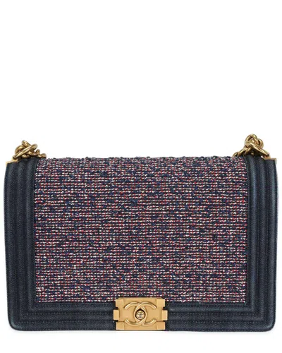 Pre-owned Chanel Blue Multicolor, Red & White Denim New Medium Boy Bag (authentic Pre-  Loved)