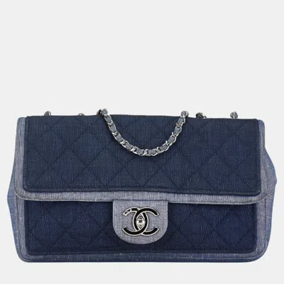 Pre-owned Chanel Blue Navy Denim Matelasse 25 Coco Mark Chain Bag In Navy Blue