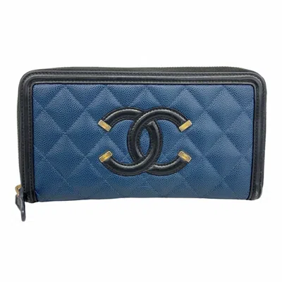 Pre-owned Chanel Blue Navy Grained Calfskin Long Wallet (bi-fold) ()