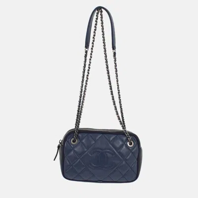 Pre-owned Chanel Blue Navy Lambskin Ballerine Camera Bag In Black