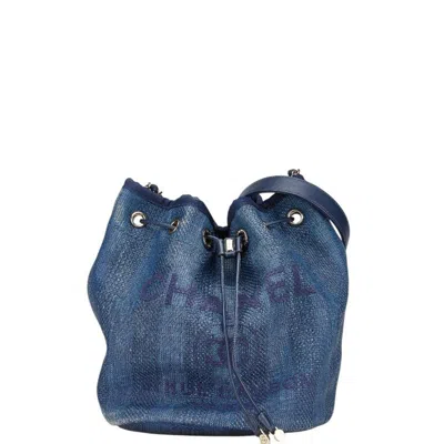 Pre-owned Chanel Blue Navy Straw Leather Shoulder Bag ()