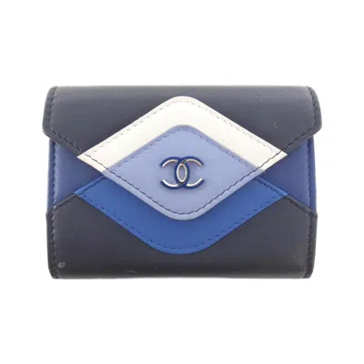 Pre-owned Chanel Blue Navy White Leather Coin Purse/coin Case ()