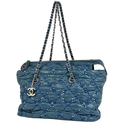 Pre-owned Chanel Blue Nylon Leather Shoulder Bag Tote Bag ()