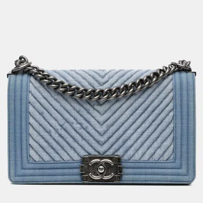 Pre-owned Chanel Blue Old Medium Chevron Denim Boy Flap
