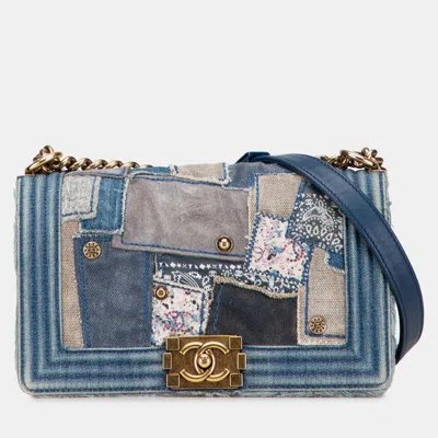 Pre-owned Chanel Blue Old Medium Denim Patchwork Boy Bag