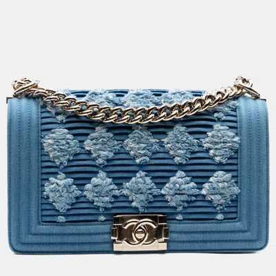 Pre-owned Chanel Blue Old Medium Pleated Denim Boy Flap