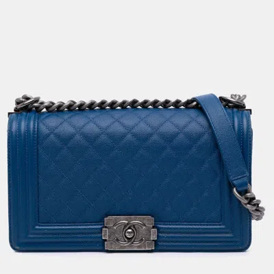 Pre-owned Chanel Blue Old Medium Quilted Caviar Boy Flap