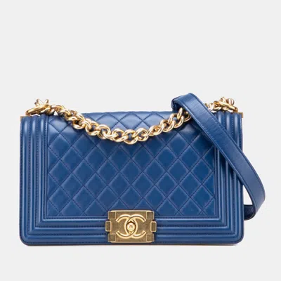 Pre-owned Chanel Blue Old Medium Quilted Lambskin Boy Flap