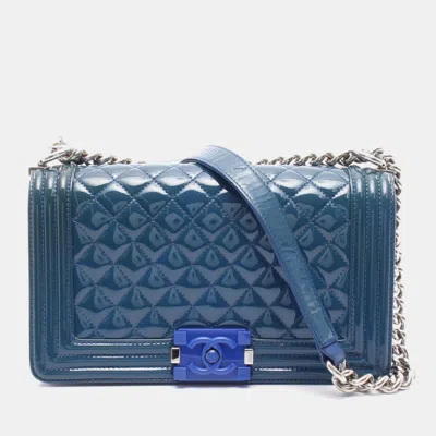 Pre-owned Chanel Blue Old Medium Quilted Patent Acrylic Boy Flap