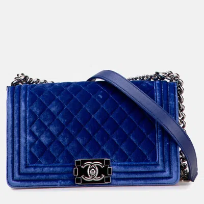 Pre-owned Chanel Blue Old Medium Quilted Velvet Boy Flap