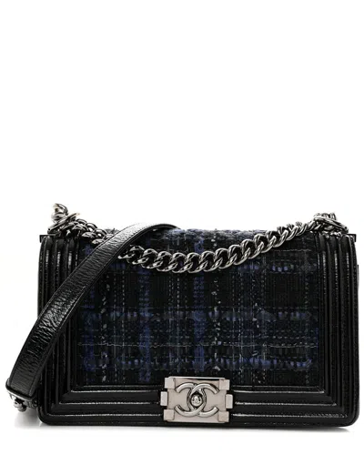 Pre-owned Chanel Blue Patent Leather Patent Tweed Medium Boy Flap (authentic Pre-loved)