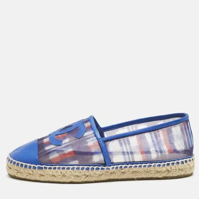 Pre-owned Chanel Blue Plaid Print Mesh And Leather Cc Espadrille Flats Size 40
