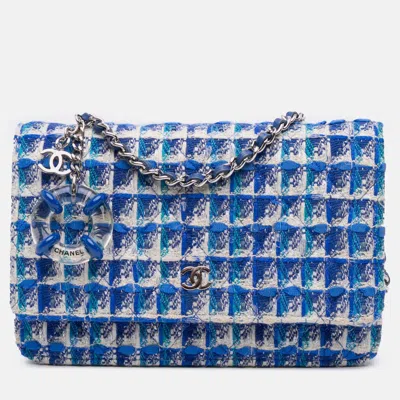 Pre-owned Chanel Blue Quilted Boucle Tweed Charm Wallet On Chain