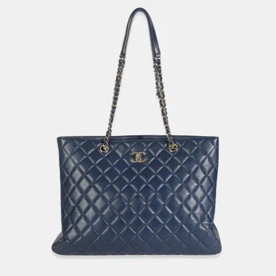 Pre-owned Chanel Blue Quilted Calfskin Large Cc Shopping Tote Bag