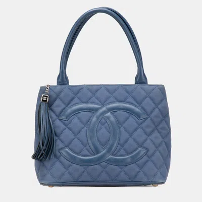 Pre-owned Chanel Blue Quilted Canvas And Caviar Tassel Tote