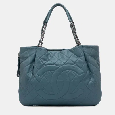 Pre-owned Chanel Blue Quilted Caviar Expandable Zip Tote