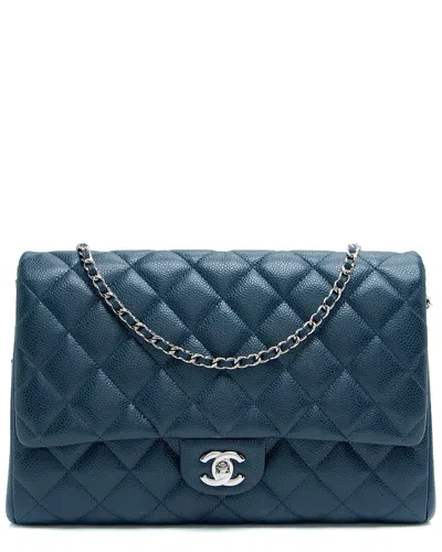 Pre-owned Chanel Blue Quilted Caviar Leather Chain Flap Clutch (authentic Pre-loved)