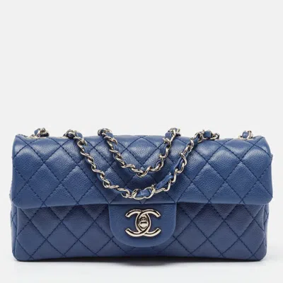 Pre-owned Chanel Blue Quilted Caviar Leather East/west Classic Flap Bag