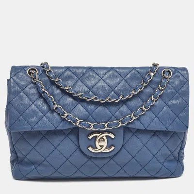 Pre-owned Chanel Blue Quilted Caviar Leather Maxi Classic Single Flap Bag