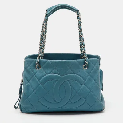 Pre-owned Chanel Blue Quilted Caviar Leather Petite Timeless Tote