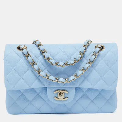 Pre-owned Chanel Blue Quilted Caviar Leather Small Classic Double Flap Bag