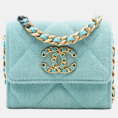 Pre-owned Chanel Blue Quilted Denim 19 Card Holder With Chain