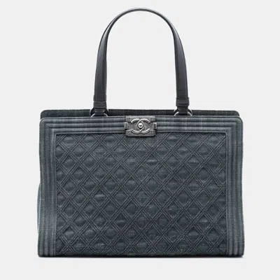 Pre-owned Chanel Blue Quilted Denim Boy Shopping Tote