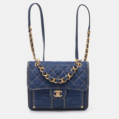 Pre-owned Chanel Blue Quilted Denim Cc Flap Double You Backpack