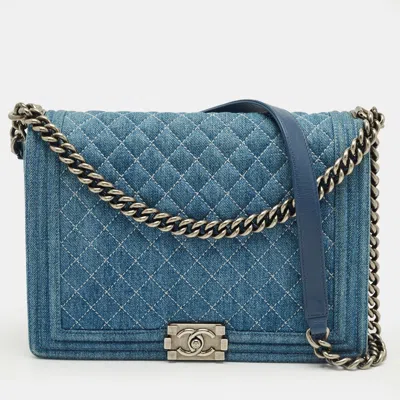Pre-owned Chanel Blue Quilted Denim Large Boy Flap Bag