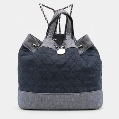 Pre-owned Chanel Blue Quilted Denim Medallion Backpack