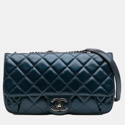 Pre-owned Chanel Blue Quilted Glazed Calfskin Coco Pleats Flap