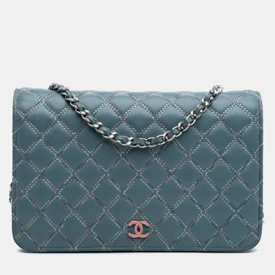 Pre-owned Chanel Blue Quilted Lambskin Double Stitch Wallet On Chain