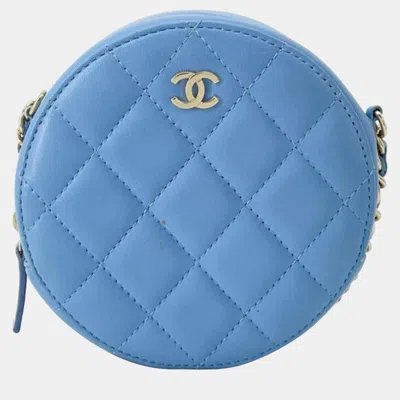Pre-owned Chanel Blue Quilted Lambskin Round Clutch With Chain