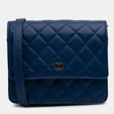 Pre-owned Chanel Blue Quilted Lambskin Square Wallet On Chain