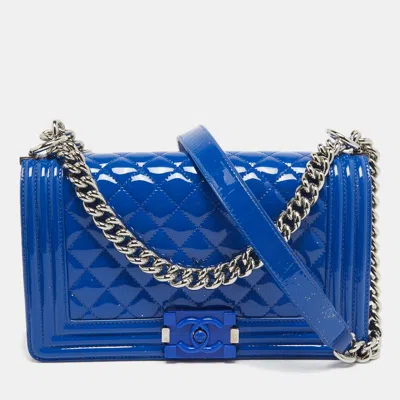 Pre-owned Chanel Blue Quilted Patent Leather Medium Boy Flap Bag