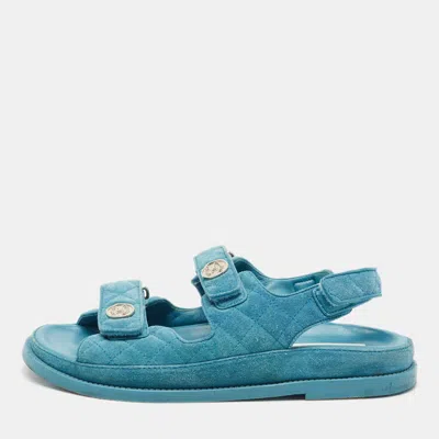 Pre-owned Chanel Blue Quilted Suede Dad Flat Sandals Size 38.5