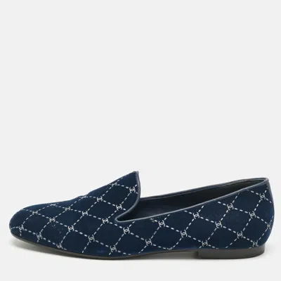 Pre-owned Chanel Blue Quilted Velvet Cc Smoking Slippers Size 39