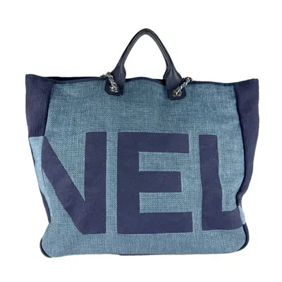 Pre-owned Chanel Blue Raffia Canvas Shoulder Bag Tote Bag ()