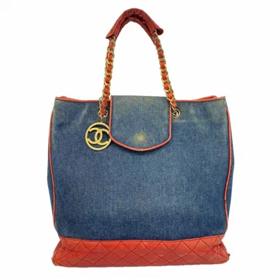 Pre-owned Chanel Blue Red Color Leather Denim Tote Bag () In Multi