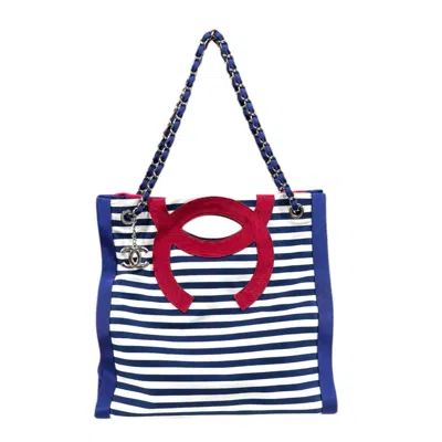 Pre-owned Chanel Blue Red Color White Cotton Nylon Tote Bag ()