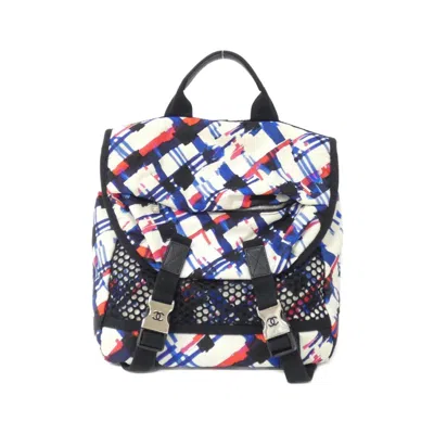 Pre-owned Chanel Blue Red Color White Nylon Backpack ()